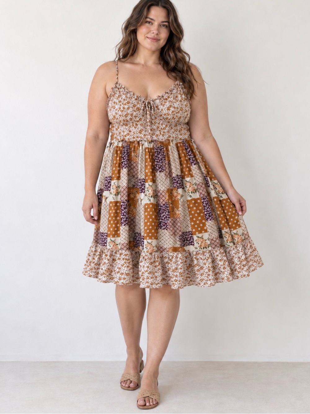 Chic Soul Boho Patchwork Floral Midi Dress Size 1X Tie Back Tiered Cottagecore